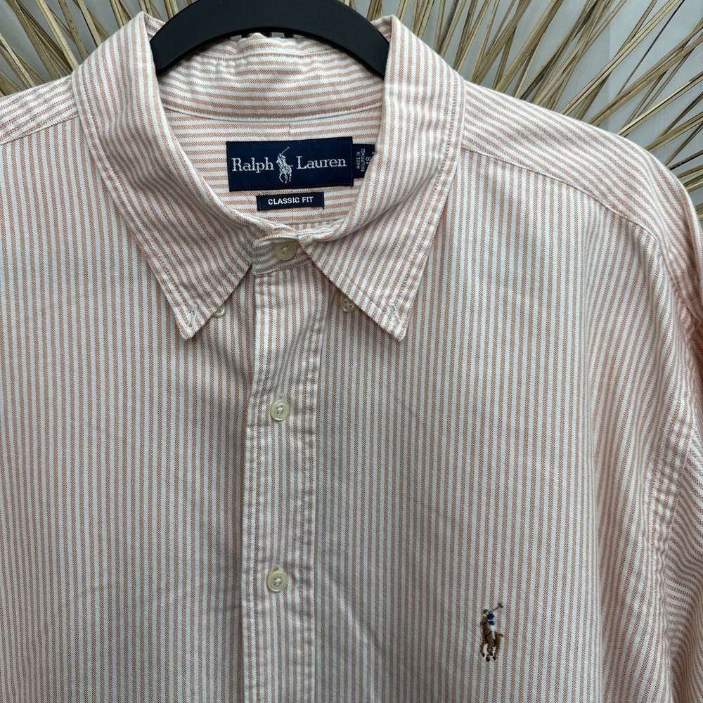 Ralph Lauren Men's Button Down Orange Stripe Classic Fit 18 34/35 Flesh Pony